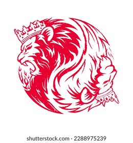 Rubber stamp yin yang symbol grunge edge. The red lion king's head and the white lion's queen's head. Design for a badge, logo or icon. Vector illustration.