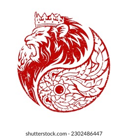 Rubber stamp yin yang symbol grunge edge. Red lion king head and white Thai art pattern. Design for a emblem, logo or icon. Vector illustration.