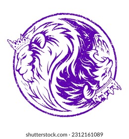 Sello de caucho en yin yang borde de grunge. La cabeza del rey del león morado y la cabeza de la reina del león blanco. Diseño para una insignia, logotipo o icono. Ilustración vectorial.