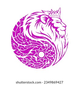 Rubber stamp yin yang symbol grunge edge. White lion queen head and pink Thai art pattern. Design for a emblem, logo or icon. Vector illustration.