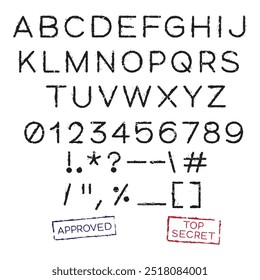 Rubber stamp-style font featuring exaggerated distortions and gritty grunge effects.