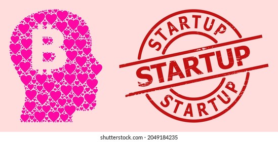 Rubber Startup stamp, and pink love heart collage for bitcoin imagination. Red round stamp has Startup title inside circle. Bitcoin imagination collage is designed from pink wedding icons.