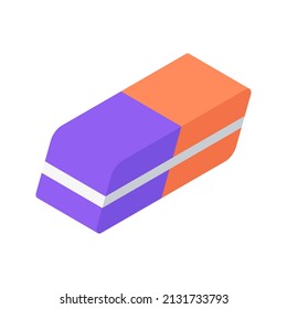 Rubber stationery violet red eraser isometric vector illustration. School educational business correction equipment for pencil mistake delete isolated. Write draw erasing supply for paper cleaning