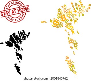 Rubber Stay at Home stamp, and financial mosaic map of Faroe Islands. Red round stamp has Stay at Home tag inside circle. Map of Faroe Islands mosaic is formed of currency, dollar,
