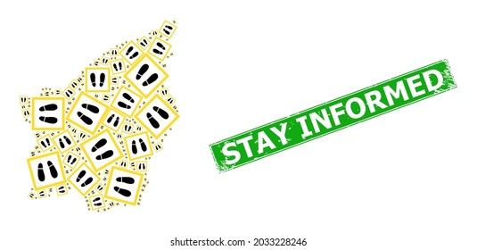 Rubber Stay Informed stamp, and San Marino map collage of stay here icons. Green rectangle stamp contains Stay Informed text inside rectangle.