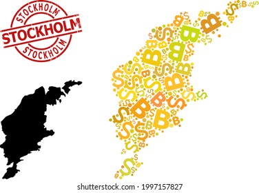 Rubber Stockholm stamp seal, and finance mosaic map of Gotland Island. Red round stamp contains Stockholm text inside circle. Map of Gotland Island mosaic is constructed of finance, dollar,