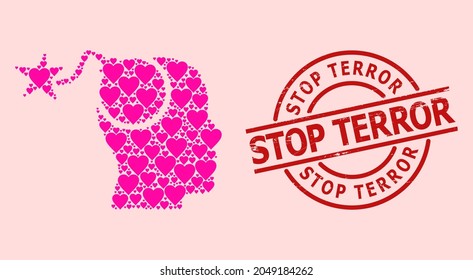 Rubber Stop Terror stamp seal, and pink love heart mosaic for bomb idea. Red round stamp seal contains Stop Terror caption inside circle. Bomb idea mosaic is composed from pink dating elements.