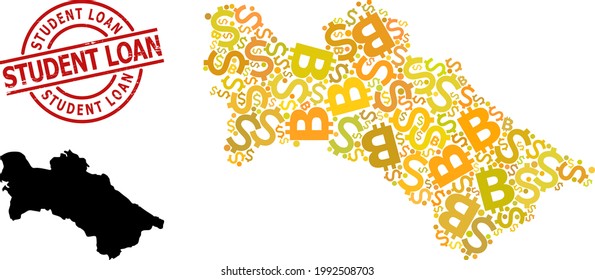Rubber Student Loan stamp seal, and money collage map of Turkmenistan. Red round stamp has Student Loan text inside circle. Map of Turkmenistan collage is designed from finance, dollar,