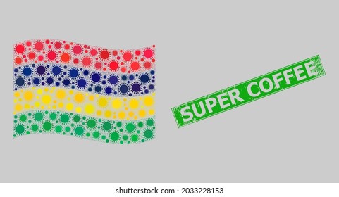 Rubber Super Coffee and mosaic waving Mauritius flag constructed of sun icons. Green seal has Super Coffee text inside rectangle.