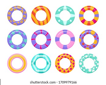 Rubber swim ring set, sea fun and security. Colored inflatable circles for swimming in flat design. Summer, water and beach theme, Lifebuoy. Vector illustration, EPS 10.