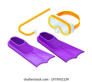 Rubber Swimfin or Flippers and Goggles for Snorkeling as Beach Vacation Isometric Vector Composition