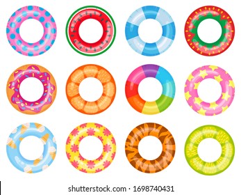 Rubber swimming ring. Pink lifesaver, summer swimming pool floating rings. Rainbow rescue ring top view cartoon vector illustration set. Ring rubber equipment, lifesaver for pool or sea