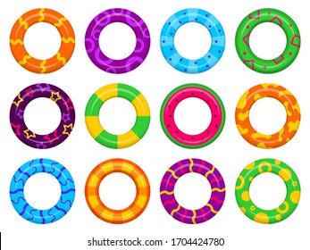 Rubber swimming ring set, sea fun and security. Set of color inflatable rubber swimming rings realistic images with colourful pattern. Water and beach theme, safe icons. Summer vacation. Vector.