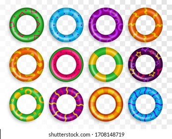 Pista de natación de caucho, diversión en el mar y seguridad. Conjunto de anillos de goma inflables de color, imágenes realistas con un patrón colorido. Tema del agua y de la playa, iconos seguros. Vacaciones de verano. Vector.