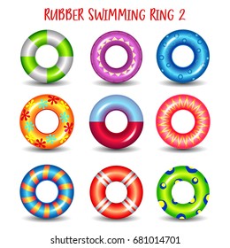 Rubber swimming rings with geometric patterns. Set of isolated life saving floating lifebuoy for beach or ship, rescue belt for saving people. Water and beach theme, secure icons