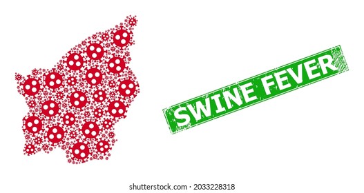 Rubber Swine Fever stamp seal, and San Marino map mosaic of covid-2019 virus icons. Green rectangle stamp has Swine Fever tag inside rectangle.