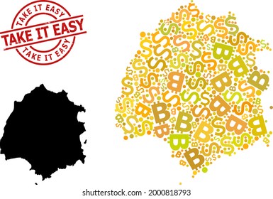 Sello de sello Take It Easy y mapa de mosaicos bancarios de la isla de Thassos. El sello rojo redondo incluye la leyenda Take It Easy dentro del círculo. El mapa del mosaico de la isla de Thassos está compuesto por: