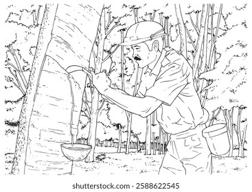 Rubber tappers at work in a rubber plantation. Illustration in black and white and vector format.