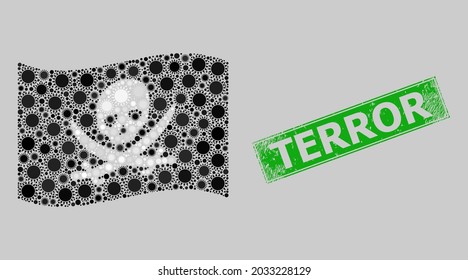 Rubber Terror and mosaic waving pirate flag designed with sun elements. Green stamp includes Terror caption inside rectangle. Vector sunny mosaic waving pirate flag designed for patriotic posters.