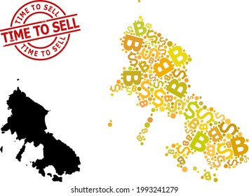 Rubber Time to Sell Stempel, und Bankenkollektion Karte von Skyros Island. Roter Rundstempel-Siegel enthält Time to Sell Text in einem Kreis. Die Karte der Kollage auf der Insel Skyros besteht aus Finanzmitteln,