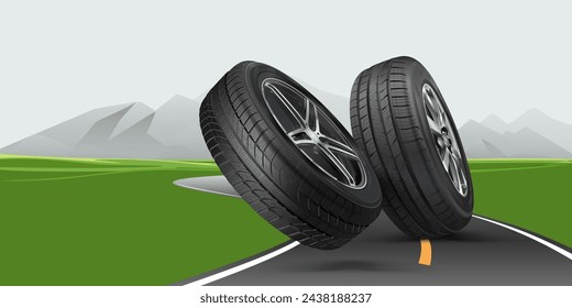 Rubber tires with alloy wheels. Road, mountains. Advertising, web design. Realistic vector shining disk car wheel tyre. Information. Store. Action. Landscape poster, digital banner.