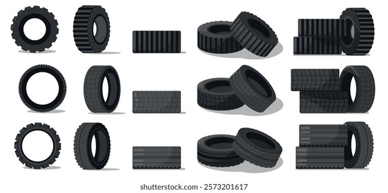 Rubber tires. Cartoon rubberized tire for car wheel with metal rim, vehicle transport machine parts flat style. Vector isolated set.