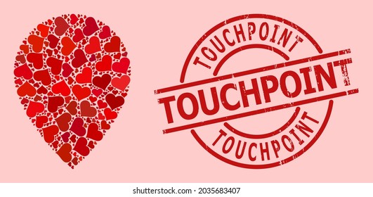 Rubber Touchpoint stamp seal, and red love heart pattern for map marker. Red round stamp seal includes Touchpoint title inside circle. Map marker collage is done from red romance icons.