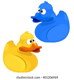 Rubber toy duck isolated on a white background. Vector cartoon close-up illustration.