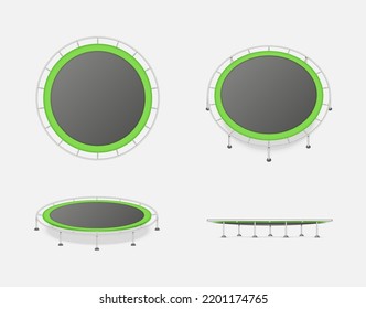 Rubber trampoline with metal frame, different sides view, jumping and playing for kids. Children playground furniture. Professional gymnastics and recreation outdoors. Vector illustration