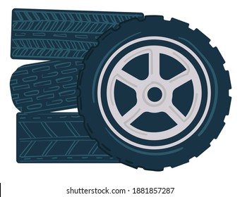 Neumáticos de caucho con discos de plata, pilas aisladas de neumáticos de auto con traza. Servicios de mantenimiento y reparación, de taller de vehículos y mecánicos. Ruedas infladas para auto. Vector de estilo plano
