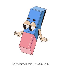 Rubber vector character or office eraser with face. Pop art pencil and pen erasing or correction tool. Comic and funny study equipment to correct mistake. Anthropomorphic mascot clipart for education.