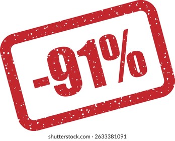 Rubber vector stamp with bold "-91%" lettering, perfect for distinctive discount or sale visuals
