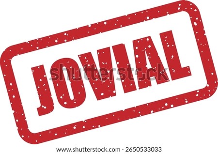 Rubber vector stamp with the Spanish word “JOVIAL” (jovial). Ideal for lighthearted messages, party invites, or cheerful branding