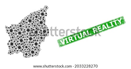 Rubber Virtual Reality seal, and San Marino map collage of node relations icons. Green rectangle seal contains Virtual Reality tag inside rectangle.