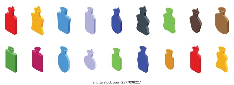 Rubber warmer icons set. Hot water bottle icons set in isometric view, showcasing various colors and styles for providing warmth and comfort