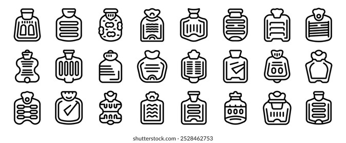 Gummi wärmer Icons gesetzt. Dieses abwechslungsreiche Icon-Set zeigt verschiedene Heißwasserflaschen, die verschiedene Designs und Stile hervorheben