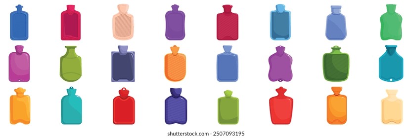 Gummi wärmer Icons gesetzt. Lebendige Sammlung von Heißwasserflaschen in einer Vielzahl von Farben und Designs, die beruhigende Wärme und Komfort bieten