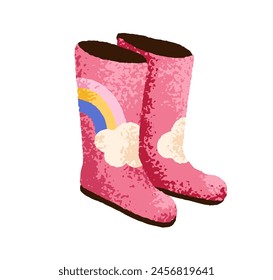 Rubber wellies, stylish waterproof gumboots for rain weather. Cute trendy modern rainwear, kids protective footwear, seasonal gum boot, rainboots. Flat vector illustration isolated on white background