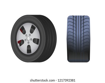 Rubber wheel for car vector isolated icon. Black tyre in side and front view. Modern automotive equipment for mechanic store or repair service shop