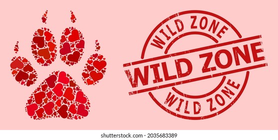 Rubber Wild Zone stamp, and red love heart collage for tiger footprint. Red round stamp seal includes Wild Zone tag inside circle. Tiger footprint collage is composed of red dating icons.