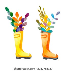 Rubber yellow boots with colorful autumn leaves