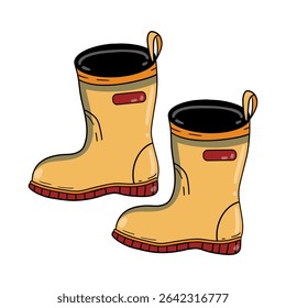 Rubber yellow boots, hand-drawn in doodle style, isolated design element. For seasonal projects, autumn or spring nature walks, hiking, outdoor activities, rainy weather concept, children’s content.