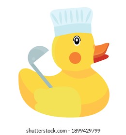 Rubber yellow duck, cook in a cap and with a ladle
