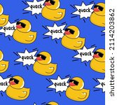 Rubber yellow duck says quack seamless pattern on a blue background. Vector illustration for packaging, t-shirt design