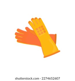 Ilustración vectorial de guantes amarillos de goma. Equipo de seguridad de látex aislado para la protección de las manos, guantes de plástico para proteger la piel mientras limpian superficies y platos sucios, suministros domésticos