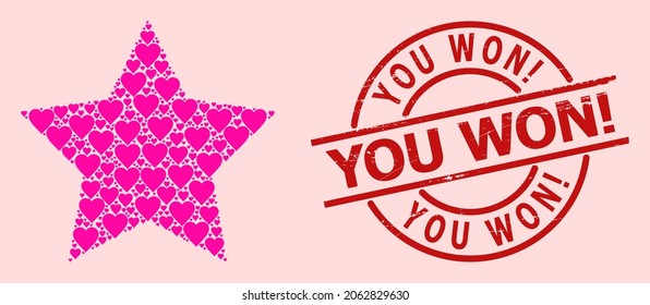Rubber You Won exclamation stamp seal, and pink love heart collage for star. Red round seal has You Won exclamation tag inside circle. Star collage is made with pink dating items.