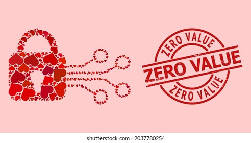 Rubber Zero Value stamp seal, and red love heart collage for digital lock. Red round stamp seal includes Zero Value tag inside circle. Digital lock collage is composed from red romantic items.