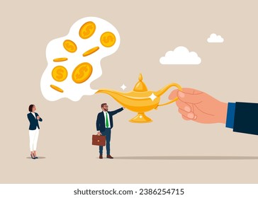 Robar lámpara mágica y conseguir monedas en dólares. Depósito de banco abierto. Ilustración del vector