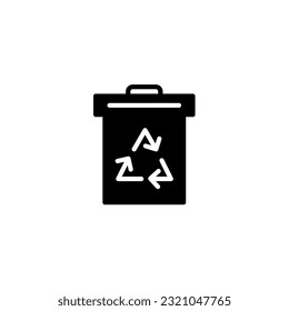 Rubbish bin with cycle . Vector solid icon black and white with green eco energy theme