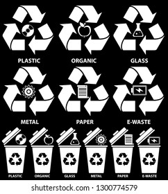 Rubbish bin icons with different types of garbage: Organic, Plastic, Metal, Paper, Glass, E-waste for recycling concept in flat style isolated on blue background. Vector illustration.
